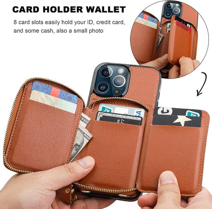 Bocasal RFID Blocking Wallet Case for iPhone 13 Pro Max, Adjustable Crossbody Zipper Purse with Kickstand and Detachable Wrist Strap, PU Leather Flip Folio Case 6.7 Inch 5G (Brown)