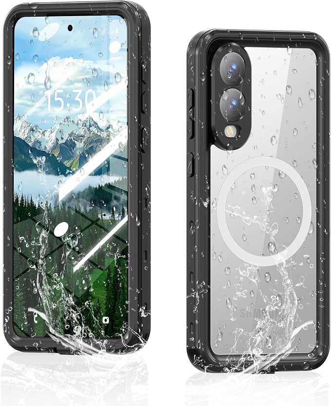 Omio for Galaxy S25 Edge Waterproof Case Compatible with MagSafe, Magnetic Waterproof Full Body IP68 Underwater Case Built-in Screen Protector Military Grade Shockproof Case for Men Women Black