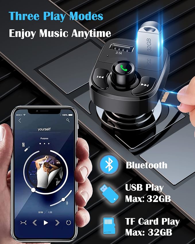 Handsfree Call Car Charger, Wireless Bluetooth 5.3 FM Transmitter Radio Receiver, MP3 Audio Music Adapter, Dual USB Ports, LED Show Voltage/FM Frequency, Compatible for iPhone Samsung Smartphones