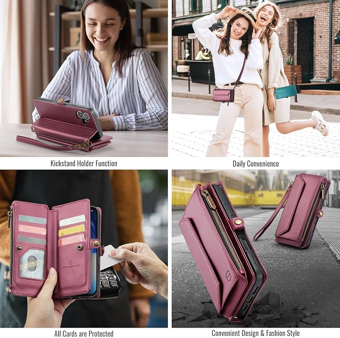 Strapurs Wallet Case Compatible with iPhone 17 6.3" RFID Blocking 9-Card Holder Soft PU Leather Magnetic Snap Shoulder Strap Zipper Pocket Phone Case Fit for iPhone 17 for Women - WineRed