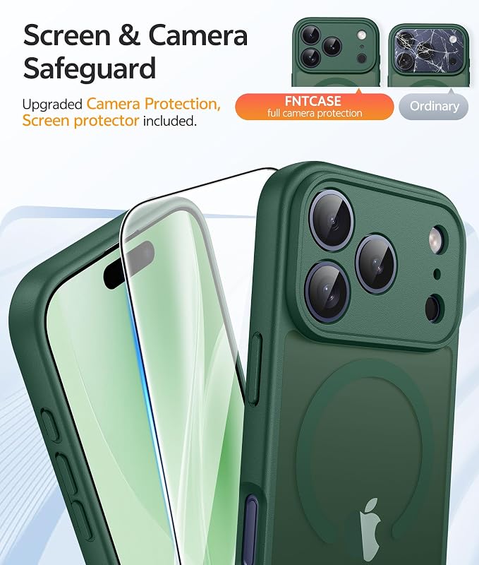 FNTCASE for iPhone 17 Pro Max Case: [Compatible with Magsafe] Translucent Matte Cases with [Full Camera Protection] [Screen Protector] Military Grade Shockproof Protective Phone Cover - Green