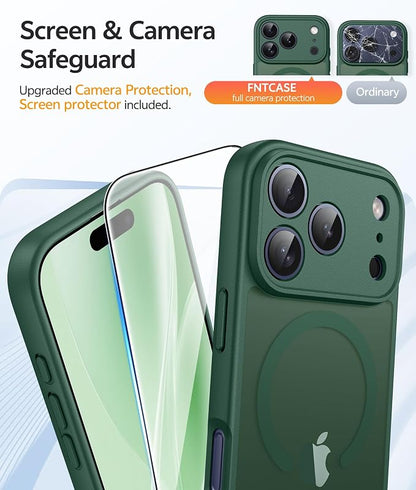 FNTCASE for iPhone 17 Pro Max Case: [Compatible with Magsafe] Translucent Matte Cases with [Full Camera Protection] [Screen Protector] Military Grade Shockproof Protective Phone Cover - Green
