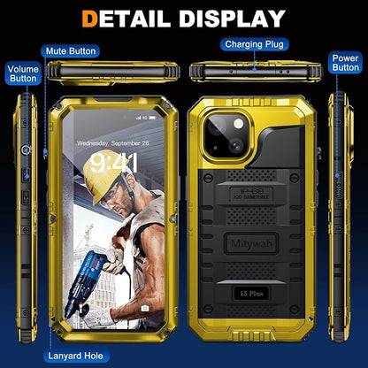 Mitywah Waterproof Case for iPhone 15 Plus, Heavy Duty Shockproof Case with Built-in Screen Protector, Full Body Underwater Protective Metal Case 6.1 inch, Yellow