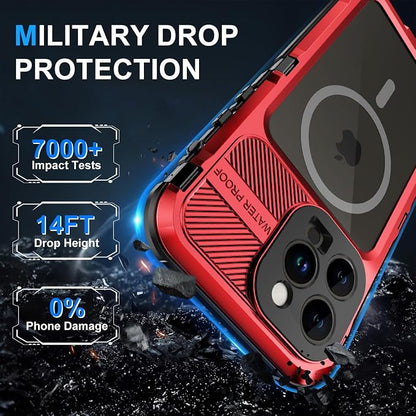 WIFORT for iPhone 14 Pro Waterproof Case - Metal Heavy Duty Full Body Protective Cover Built-in Screen Protector, IP68 Water Proof Military Grade Shockproof Rugged Drop Defender Phone case 6.1" Red