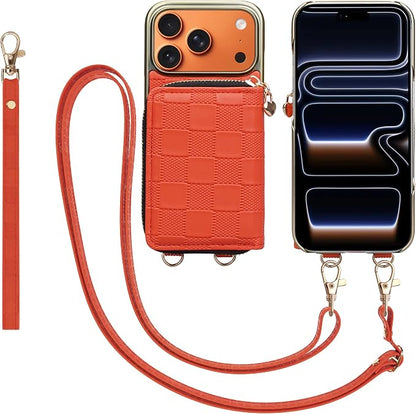Keallce for iPhone 17 Pro 6.3'' Wallet Case, Crossbody Zipper Purse with 4 Card Slots RFID Blocking, Lanyards & Wrist Straps, Flip Leather Folio Cover with Kickstand for iPhone 17 Pro, Orange