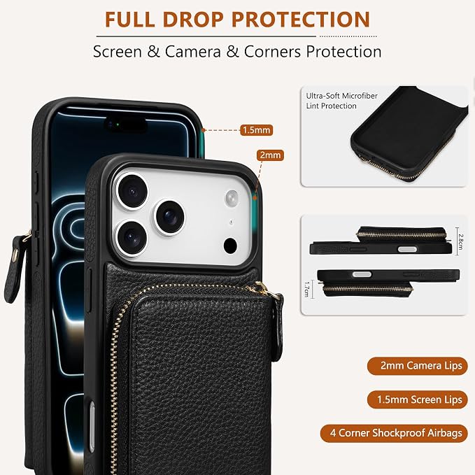 Keallce Wallet Case for iPhone 17 Pro Max 6.9 Inch, Genuine Leather Zipper Purse with Crossbody Strap, 4 Card Slots & RFID Blocking, Kickstand Flip Cover Shockproof for Women, Black