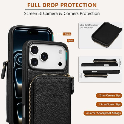 Keallce Wallet Case for iPhone 17 Pro Max 6.9 Inch, Genuine Leather Zipper Purse with Crossbody Strap, 4 Card Slots & RFID Blocking, Kickstand Flip Cover Shockproof for Women, Black
