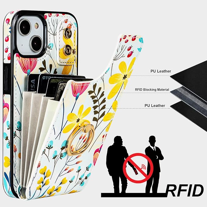 HAOPINSH for iPhone 13/ iPhone 14 Wallet Case with Card Holder, 360°Rotation Ring Kickstand, Floral Flower Pattern, RFID Blocking Leather for Girls Women, Double Buttons Flip Protective Cover 6.1"
