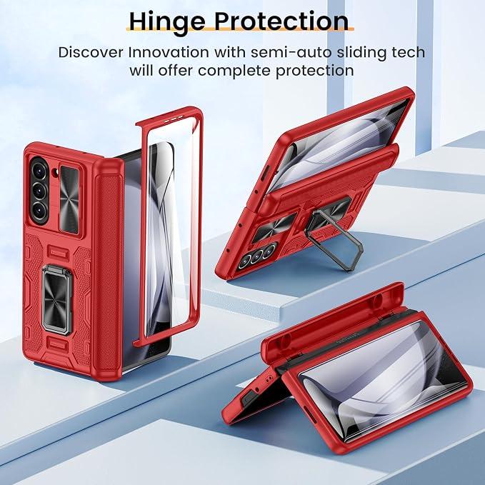 VEGO for Samsung Z Fold 5 Case with Slide Camera Cover & Screen Protector | Rugged Phone Case for Galaxy Z Fold 5 with Built-in 360° Rotating Kickstand Hinge Protection Full-Body Shockproof - Red