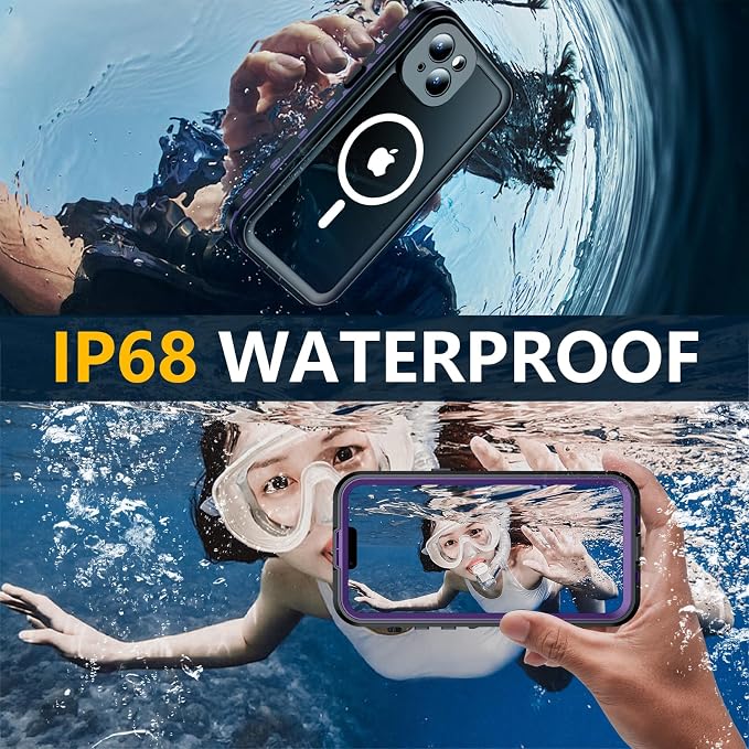 Red2Fire for iPhone 15 Case Waterproof, [Built-in Screen Protector & Camera Protector][Compatible with MagSafe][Full Body Shockproof][IP68 Waterproof][Dustproof] Phone Case 6.1" Purple/Clear
