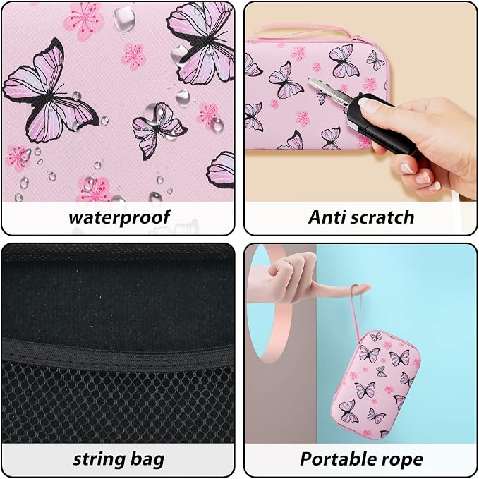 Cute Phone Charger Storage Case cover Set Pink Butterfliy flowers Carrying Bag with Cable Protector Cord Organizer,Cable Chomper,Charger Saver Lightning Compatible for iPhone