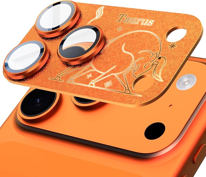 Compatible for iPhone 17 Pro Camera Lens Protector, Taurus Pattern, Drop Protection, Anti Scratch Full-Coverage, AR 360-Degree Protection, Camera Transmfttance HD, Easy Installation, Orange