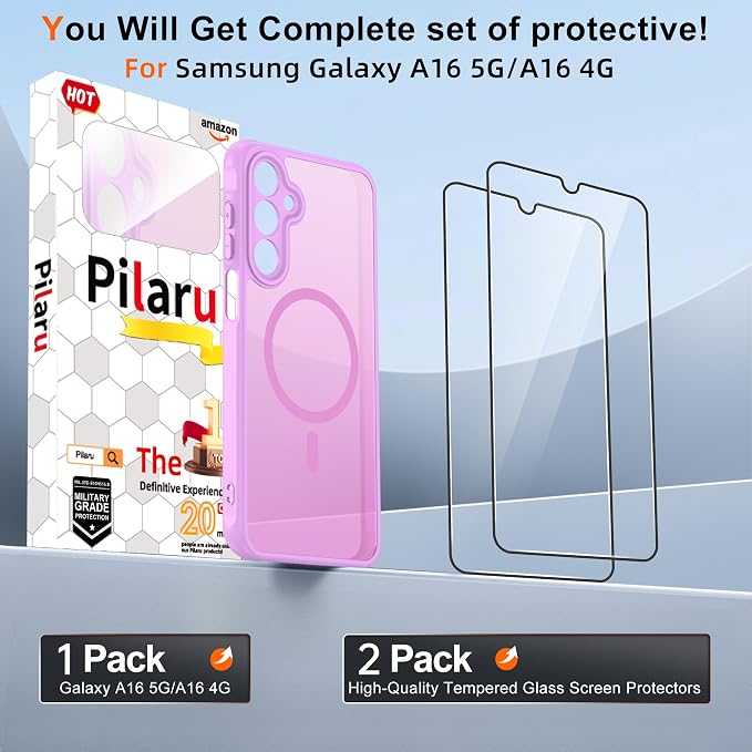 Compatible for Samsung Galaxy A16 5G Phone Case: A16 Case [Mag-Safe Fit] with 2PC Tempered Glass Screen Protector,Matte Translucent Soft-Touch Skin/Full Body Protection for Cell Phone A 16 Cover,Pink
