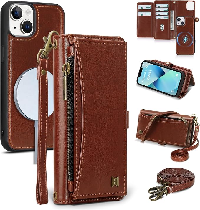 Wallet Case for iPhone 13 with Card Holder/Crossbody Wallet/Strap| RFID Blocking | Magnetic | Kickstand | Detachable | PU Leather Phone Case for iPhone 13,6.1 in,Brown