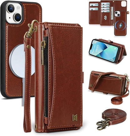 Wallet Case for iPhone 13 with Card Holder/Crossbody Wallet/Strap| RFID Blocking | Magnetic | Kickstand | Detachable | PU Leather Phone Case for iPhone 13,6.1 in,Brown