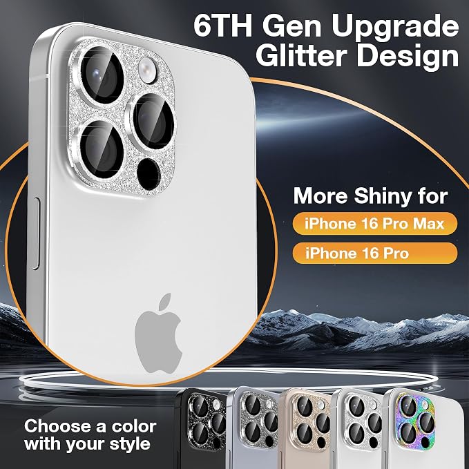 YWXTW for iPhone 16 Pro/iPhone 16 Pro Max Camera Lens Protector, [New Glitter Design] Full Bling Sparkly Diamond Tempered Glass Screen Protector Metal Camera Cover Accessories (White Titanium)