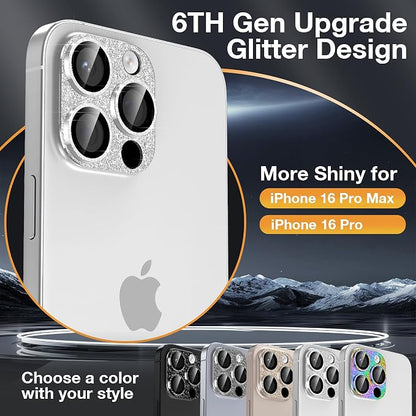 YWXTW for iPhone 16 Pro/iPhone 16 Pro Max Camera Lens Protector, [New Glitter Design] Full Bling Sparkly Diamond Tempered Glass Screen Protector Metal Camera Cover Accessories (White Titanium)