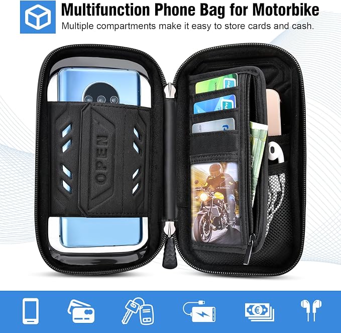 Waterproof Motorcycle Phone Mount 360° Rotation Motorcycle Rearview Mirror Phone Holder Anti-Shake Large Capacity Motorcycle Cell Phone Holder with Sun Visor and TPU Touch Screen