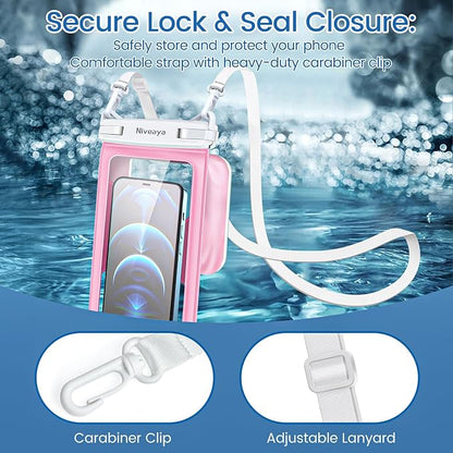 Niveaya [Floatable Floating Waterproof Phone Pouch 2 Pack-Up to 8.5", Large Space Adjustable Neck Lanyard Waterproof Phone Case, Phone Dry Bags for Vacation Beach Pool Kayak Cruise Travel Essentials