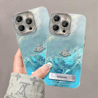 Case for iPhone Case, |Glass Lens Protector|Reflective|Sparkle & Glitter Design|Portable Bracket，It's a Great Gift for Girls (Blue, iPhone 13 pro max case)