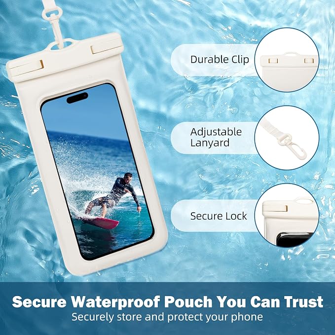 Waterproof Phone Pouch Floating, 2 Pack-Up Waterproof Phone Case for Iphone 13 14 15 16 Pro Max, IPX8 Cellphone Underwater Dry Bags Vacation Beach Pool Kayak Cruise Travel Essentials (White+White)