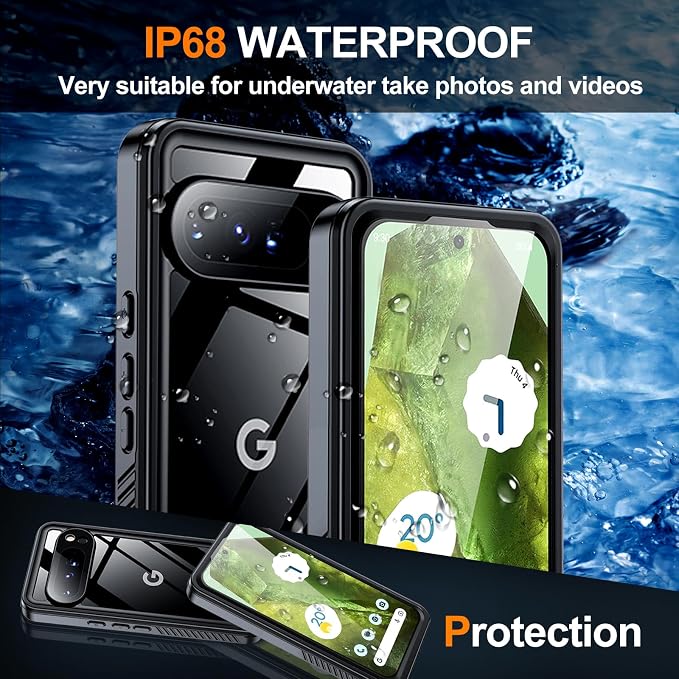 Hualele Pixel 9 Case Waterproof Built-in Screen Protector and Lens Protector, IP68 Underwater Rugged Full Body Shockproof Anti-Scratched Durable Phone Case for Google Pixel 9 Black/Clear