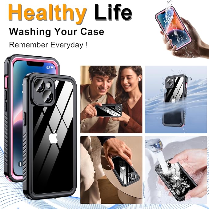 for iPhone 14 Case Waterproof - Built-in Privacy Screen Protector & HD Screen Protector [IP68 Underwater] Shockproof Dustproof Full Body Protection iPhone 14 Phone Case Pink