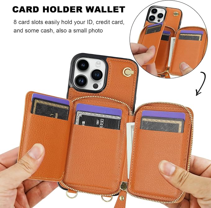 Bocasal for MagSafe Crossbody Wallet Case Compatible with iPhone 13 Pro Max, RFID Blocking Protective Purse Case with Card Slots Holder Kickstand Wrist Strap Lanyard Zipper 6.7 Inch 5G (Brown)