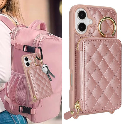 Crossbody Wallet Case for iPhone 17, PU Leather Zipper Handbag Purse Flip Cover, Kickstand Folio Case with Card Slots Holder Wrist Strap Lanyard 5G 6.3 Inch-Rose Gold