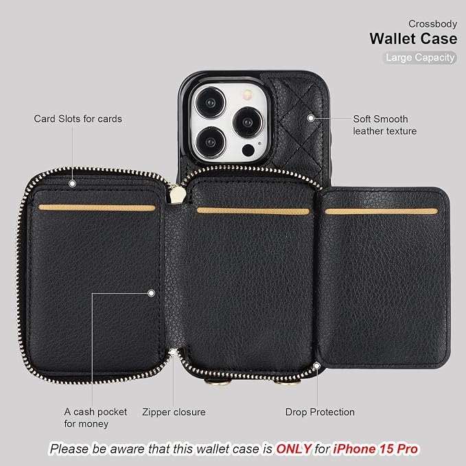 Bocasal Crossbody Wallet Case for iPhone 15 Pro, RFID Blocking PU Leather Zipper Handbag Purse Flip Cover, Kickstand Folio Case with Card Slots Holder Wrist Strap Lanyard 5G 6.1 Inch (Black)