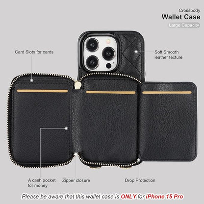Bocasal Crossbody Wallet Case for iPhone 15 Pro, RFID Blocking PU Leather Zipper Handbag Purse Flip Cover, Kickstand Folio Case with Card Slots Holder Wrist Strap Lanyard 5G 6.1 Inch (Black)