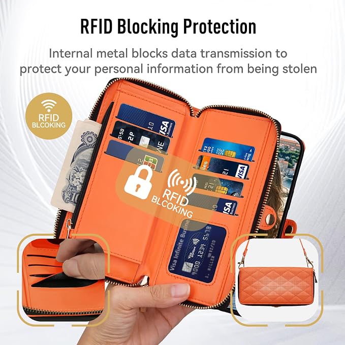 Rssviss Crossbody Case for iPhone 17 Pro Max Case Wallet, RFID Blocking Leather with Card Holder Kickstand, Handbag Zipper Flip Cover with Wrist Strap for iPhone 17 Pro Max Men Women 6.9", Orange