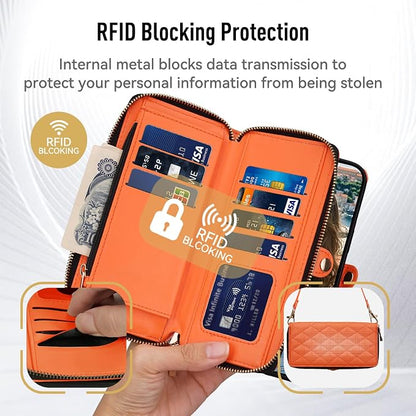 Rssviss Crossbody Case for iPhone 17 Pro Max Case Wallet, RFID Blocking Leather with Card Holder Kickstand, Handbag Zipper Flip Cover with Wrist Strap for iPhone 17 Pro Max Men Women 6.9", Orange