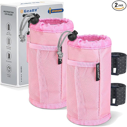 GEARV 2Pack Cup Holder for Bike, Scooter and Wheelchair, Water Bottle Holder for UTV/ATV, Walker, Golf Cart and Beach, Universal Drink Holder Accessories with Net Pocket and Cord Lock (Pink)