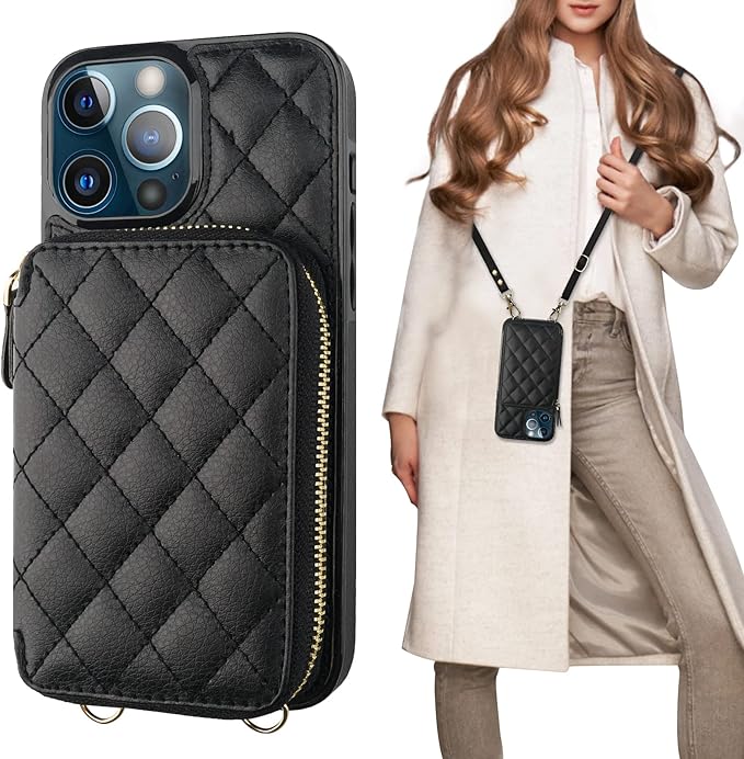 Bocasal Crossbody Wallet Case for iPhone 13 Pro Max, RFID Blocking PU Leather Zipper Handbag Purse Flip Cover, Kickstand Folio Case with Card Slots Holder Wrist Strap Lanyard 5G 6.7 Inch (Black)