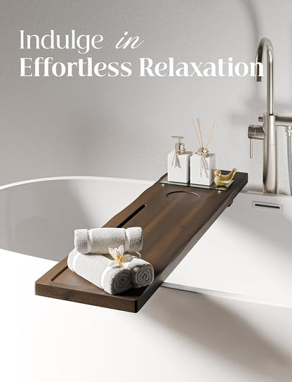Tinamo Acacia Bathtub Tray Caddy with Adjustable Legs - Bath Tub Tray for Freestanding Tubs - 39x9.75 Inch Large Wooden Anti-Tipping Tub Tray for Bathtub with Accessories Holders (Walnut, 39x9.75)