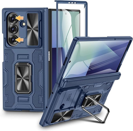 VEGO for Samsung Fold 7 Case with Hinge Protection& Slide Lens Cover,Blue | Built-in 360°Rotating Ring Stand[Screen Protector] Heavy Duty Shockproof Protective Hard Case for Samsung Z Fold 7 2025