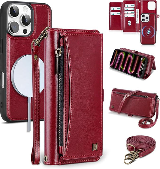 Wallet Case for iPhone 16 Pro with Card Holder/Crossbody Wallet/Strap| RFID Blocking | Magnetic | Kickstand | Detachable | PU Leather Phone Case for iPhone 16 Pro,6.3 in,Wine Red