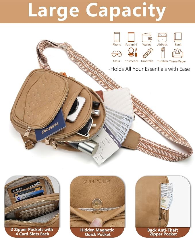 Anti Theft Crossbody Bags for Women, RFID Vegan Leather Sling Purse for Travel, Chest Bag, Cross Body Purses & Fanny Packs(Camel) | Multi-Pocket, 8 RFID Card Slots, Structured bag, Quilted Design