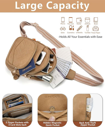 Anti Theft Crossbody Bags for Women, RFID Vegan Leather Sling Purse for Travel, Chest Bag, Cross Body Purses & Fanny Packs(Camel) | Multi-Pocket, 8 RFID Card Slots, Structured bag, Quilted Design