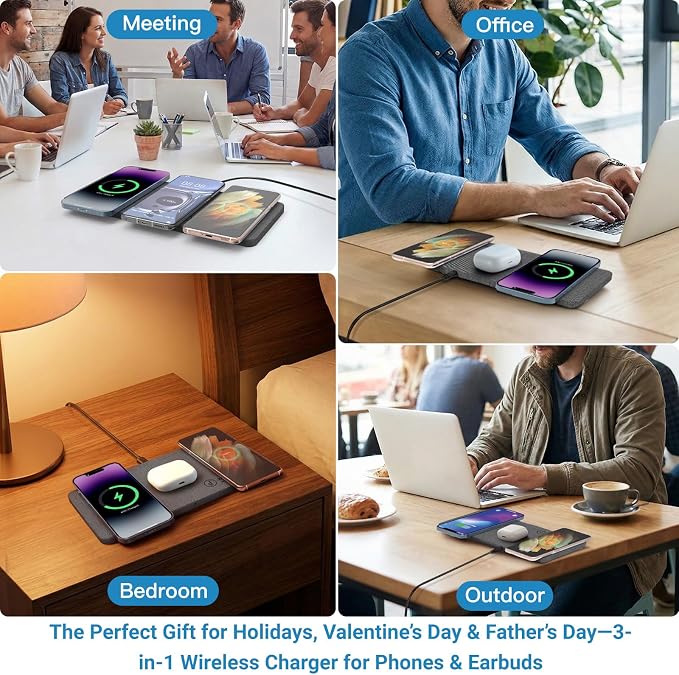 ZealSound Triple Wireless Charger,Charging Pad,Ultra Slim Fast 3x10W Charger Station for Multiple 3 Devices New Airpods Samsung Earbuds Mat Dock W/AC Adapter for All Wireless Charging Phones