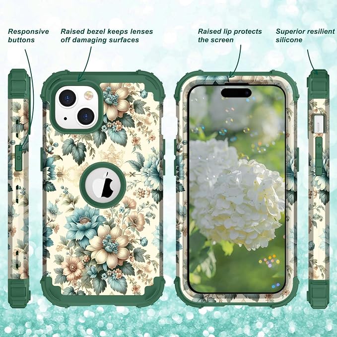 Hocase for iPhone 15 Plus Case, Heavy Duty Shockproof Protection Soft Silicone Rubber Bumper+Hard Plastic Hybrid Protective Case for iPhone 15 Plus 6.7" 2023 - Teal Blue Flowers