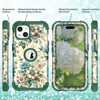 Hocase for iPhone 15 Plus Case, Heavy Duty Shockproof Protection Soft Silicone Rubber Bumper+Hard Plastic Hybrid Protective Case for iPhone 15 Plus 6.7" 2023 - Teal Blue Flowers
