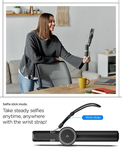 Spigen Selfie Stick Automatic Tripod Stand with Bluetooth Remote Control Shutter 57" Extendable Compatible with MagSafe iPhone 17/16/15/14/13/12 Pixelsnap Pixel 10 Series & More - Black (S581W)