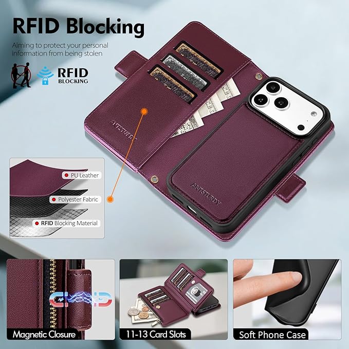 Antsturdy Compatible with Magsafe Magnetic 2 in 1 Detachable iPhone 17 Pro Wallet Case with Credit Card Holder Slots,PU Leather RFID Blocking Phone Cover Wrist Strap Zipper Women Men,Wine Red