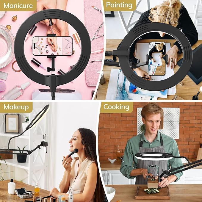 TONOR Overhead Ring Light Kit, 10" Ringlight with Heayy Duty Boom Arm and Phone Holder, Adjustable Angle, Suitable for Video Recording, Live Stream, Drawing, Makeup Nail