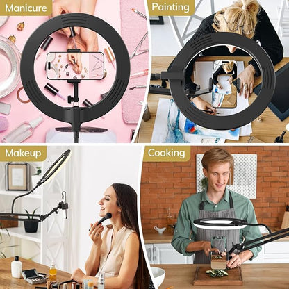 TONOR Overhead Ring Light Kit, 10" Ringlight with Heayy Duty Boom Arm and Phone Holder, Adjustable Angle, Suitable for Video Recording, Live Stream, Drawing, Makeup Nail