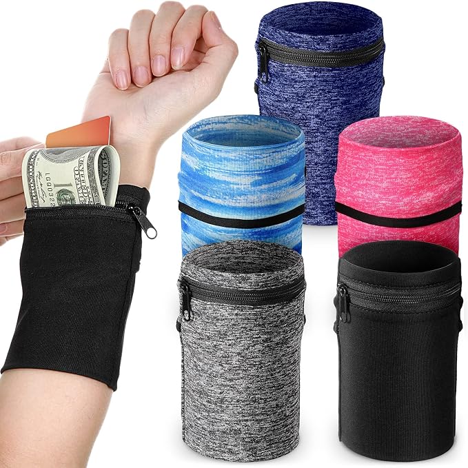 Honoson 5 Pcs Wrist Wallet for Women Men, Wristband with Zipper Wrist Pouch Purse for Run Spandex Wristbands Sweatband Wallet for Run Walk Hike Jog Travel Events Keys Cash Napkin