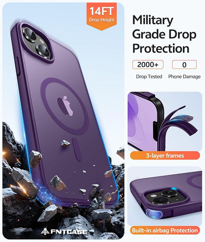 FNTCASE for iPhone 15 Plus Case: for iPhone 14 Plus Case Translucent Matte Military Grade Protective Phone Cover - Slim Anti-Slip Durable Shockproof Drop Protection Cases - Purple