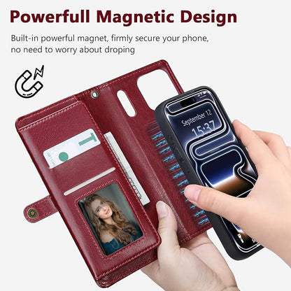 Wallet Case for iPhone 17 Pro with Card Holder/Crossbody Wallet/Strap,[RFID Blocking][Magnetic] PU Leather Phone Case for iPhone 17 Pro,6.3 in,Wine Red